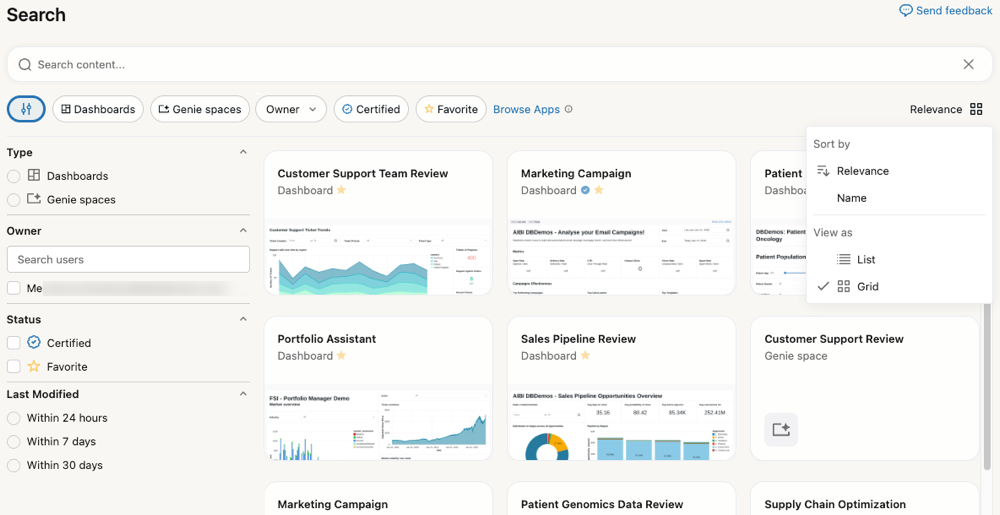 Databricks One-vermeldingspaginafilters