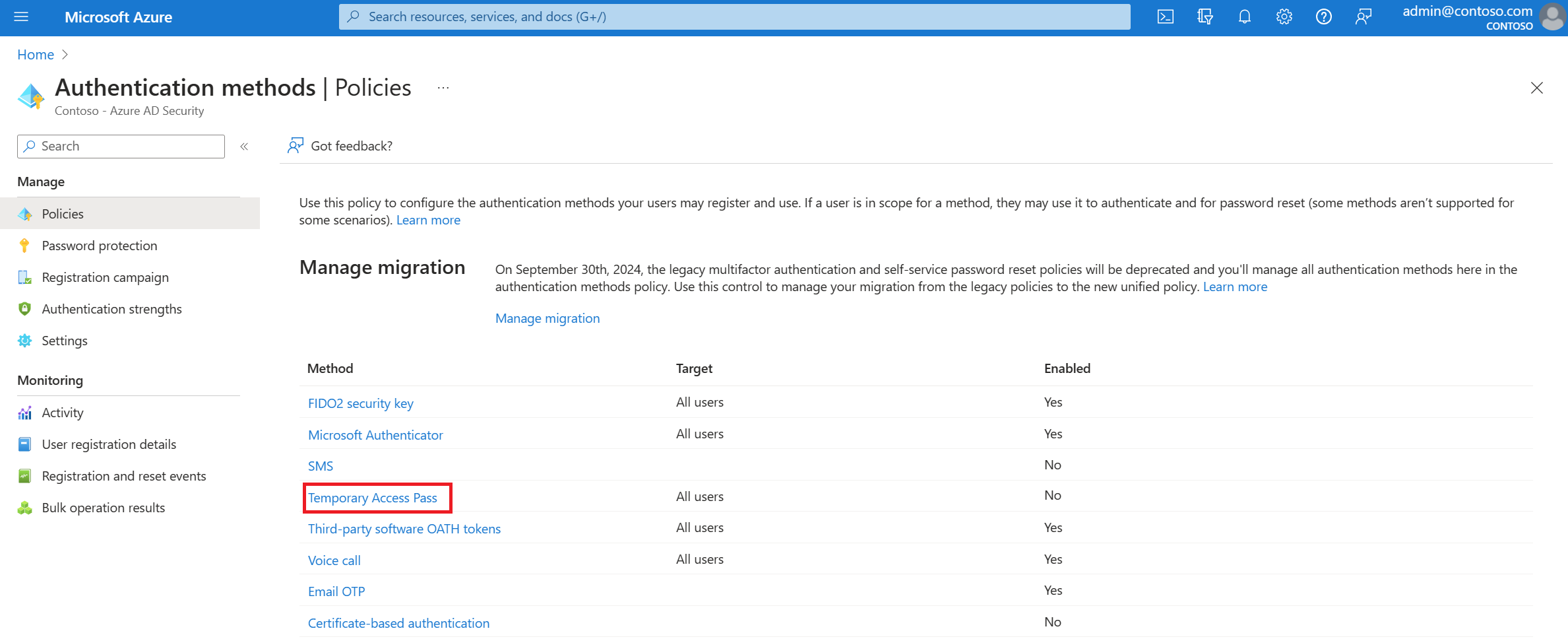 Screenshot of how to manage Temporary Access Pass within the authentication method policy experience.