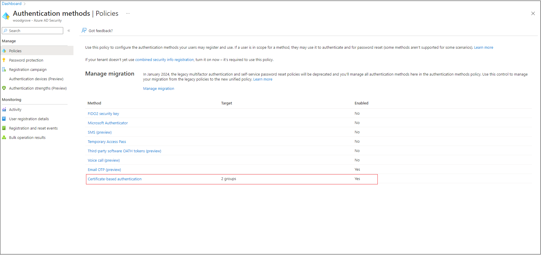 Screenshot of Authentication policy.