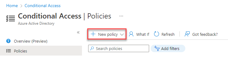 Een schermopname van de pagina Voorwaardelijke toegang, waarin u Nieuw beleid selecteert en vervolgens Nieuw beleid maken selecteert.