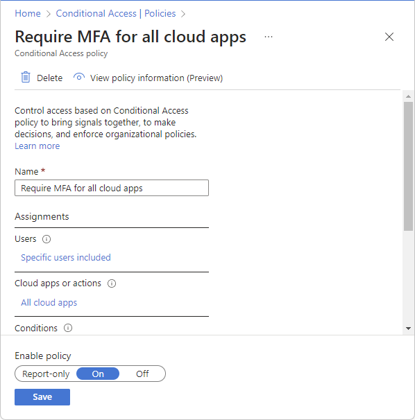 Screenshot of an enabled Conditional Access policy that can be edited.