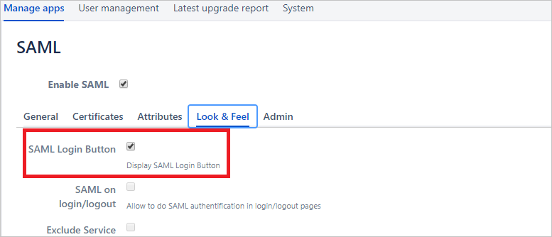 Screenshot of SAML page Look & Feel tab, with SAML Login Button highlighted