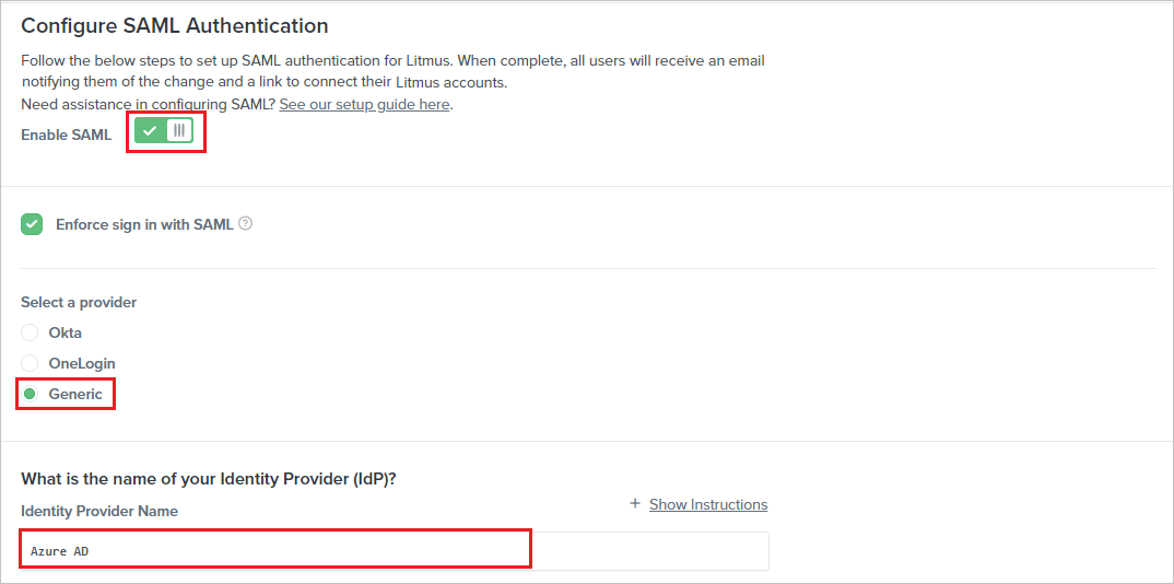 Screenshot shows the Configure SAML Authentication section where you can enter the values described.