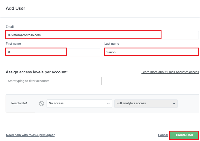 Screenshot shows the Add User section where you can enter the values described.