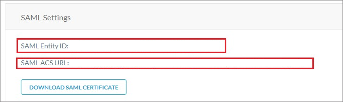 Screenshot shows SAML Settings where you can enter the values described.