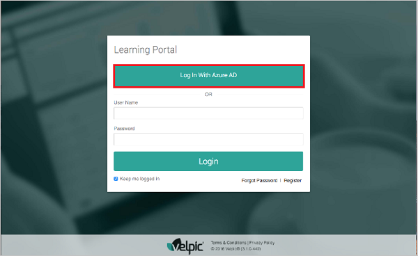 Screenshot shows the Learning Portal with Log In With Microsoft Entra ID selected.