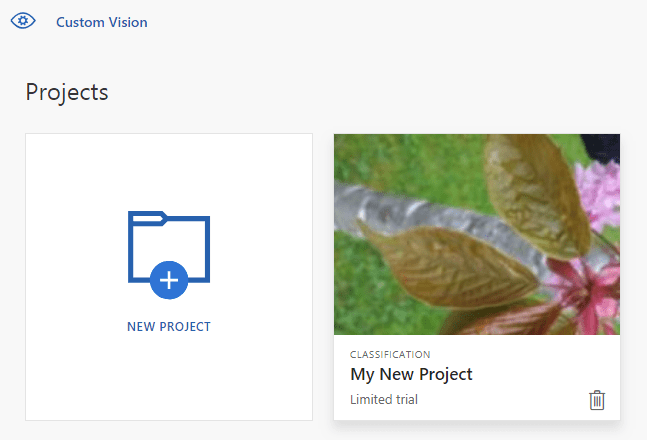 Schermopname van een paneel met het label Mijn nieuwe Project met een prullenbakpictogram.