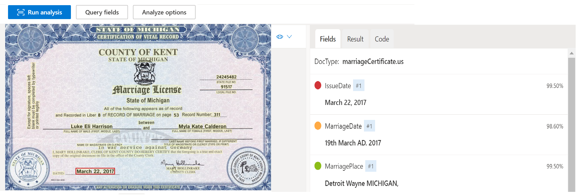 Schermopname van documentmodelanalyse van huwelijkscertificaat met Document Intelligence Studio.