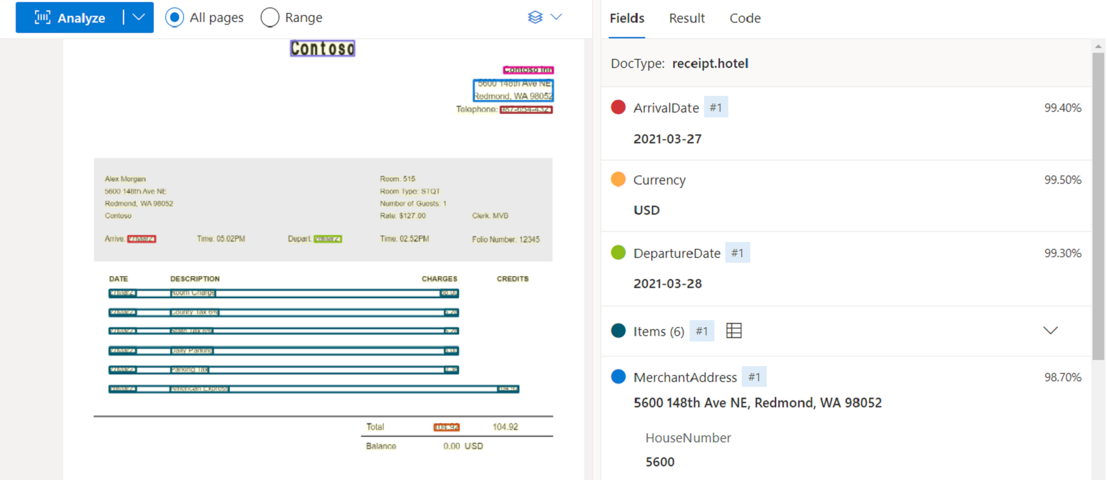 Schermopname van de analyse van het ontvangstmodel met Behulp van Document Intelligence Studio.