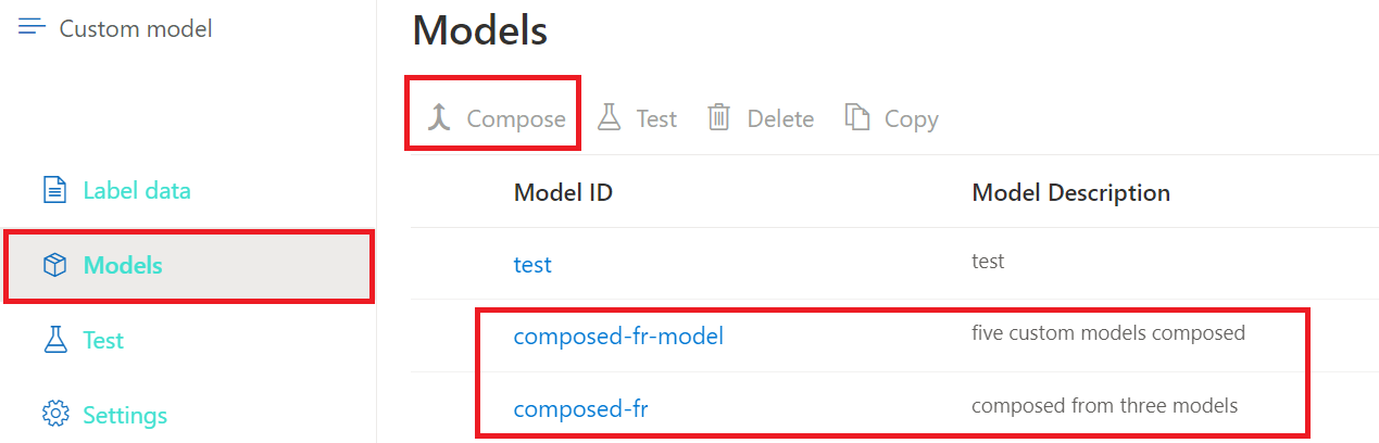 Schermopname van de lijst samengestelde aangepaste modellen in Document Intelligence Studio.