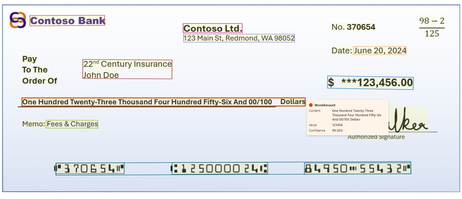 Schermopname van modelextractie van bankcontrole met behulp van Document Intelligence Studio.