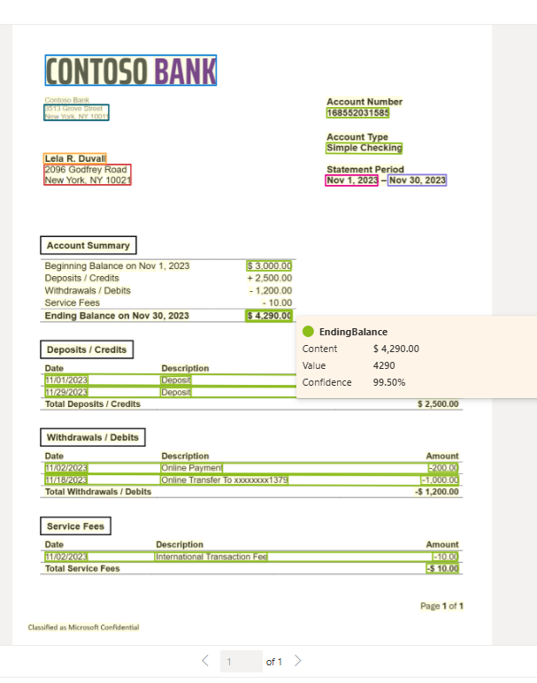 Schermopname van extractie van bankafschriftmodellen met behulp van Document Intelligence Studio.