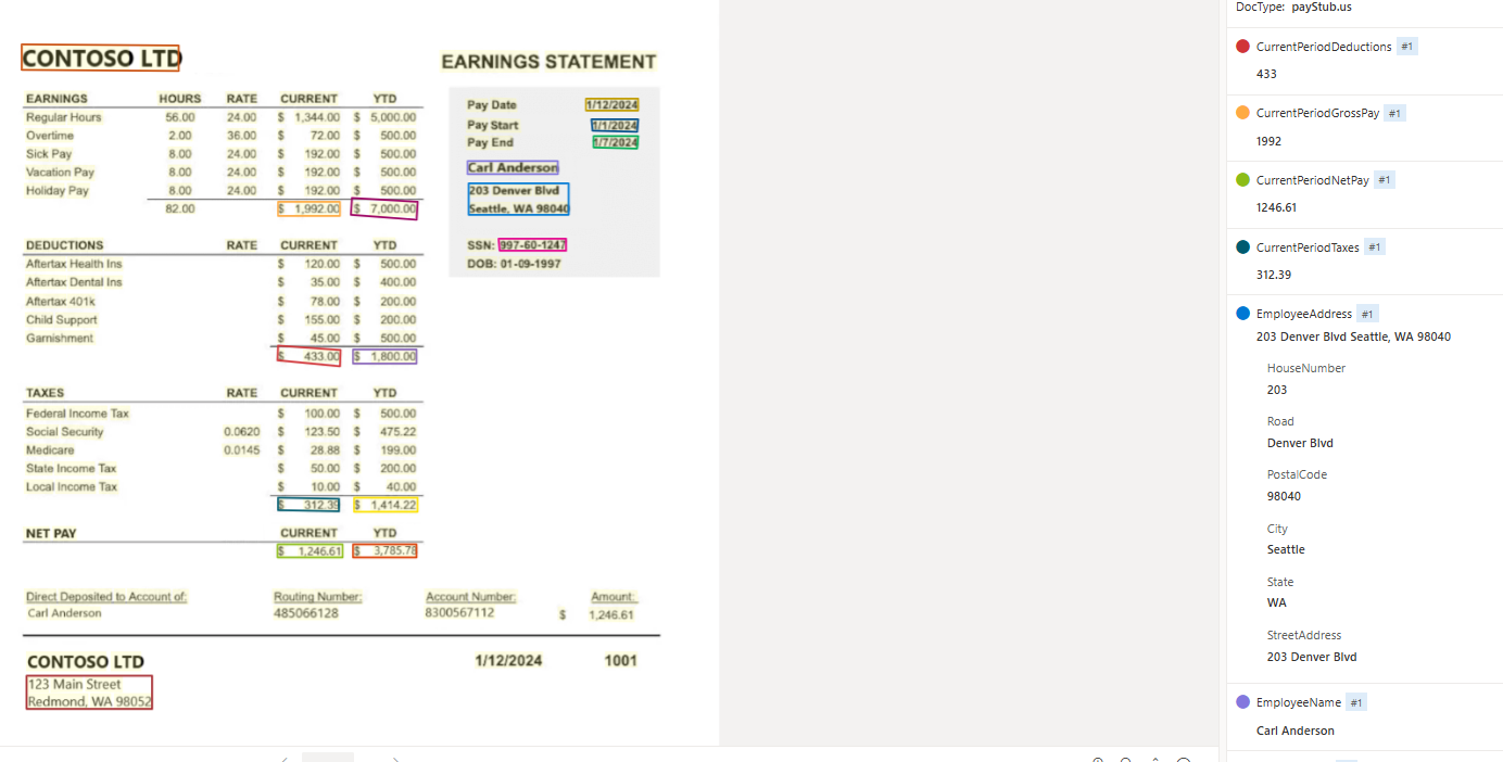 Schermopname van extractie van payStub-modellen met behulp van Document Intelligence Studio.