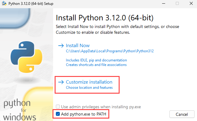 Screenshot of Install Python step 1 with Add Python to Path checkbox.