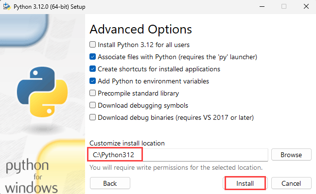 Screenshot of Install Python step 3 with custom location.