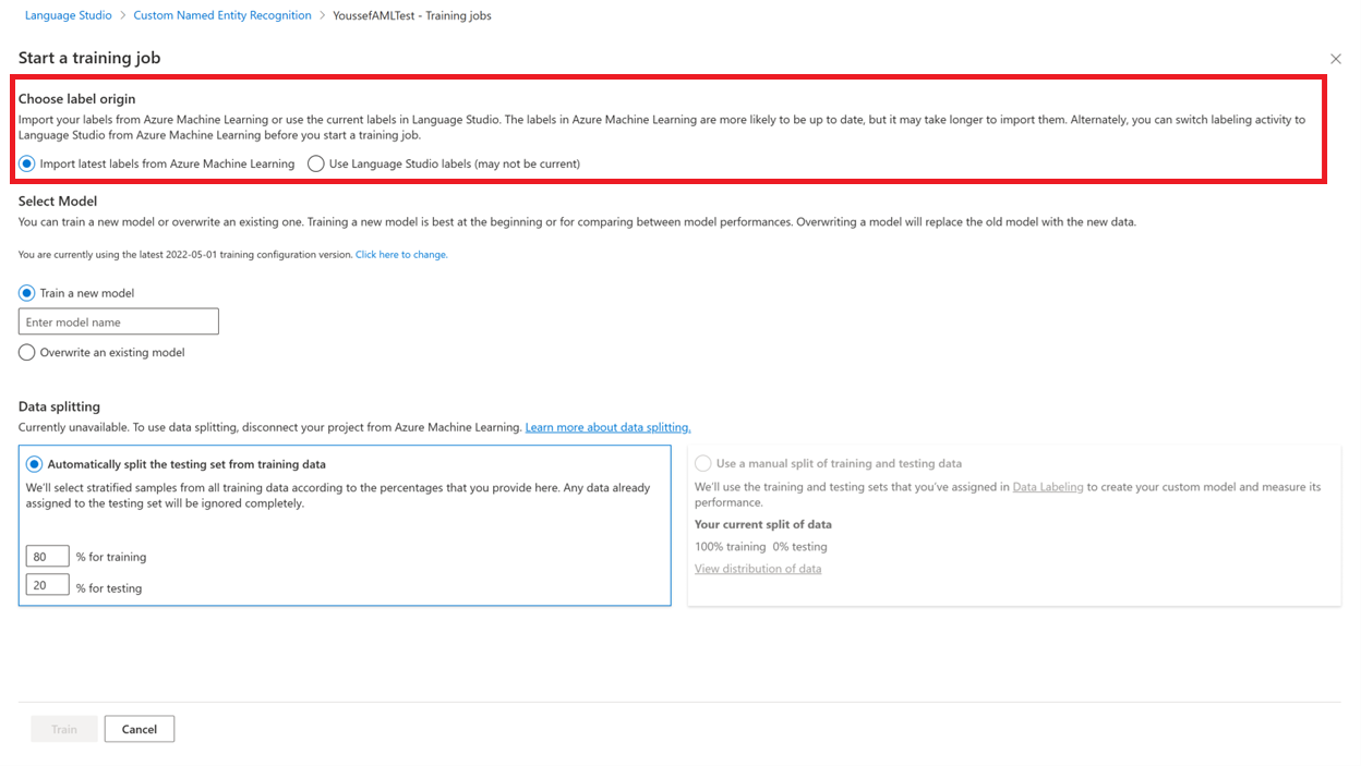 Een schermopname van de selector voor het gebruik van labels uit Azure Machine Learning.