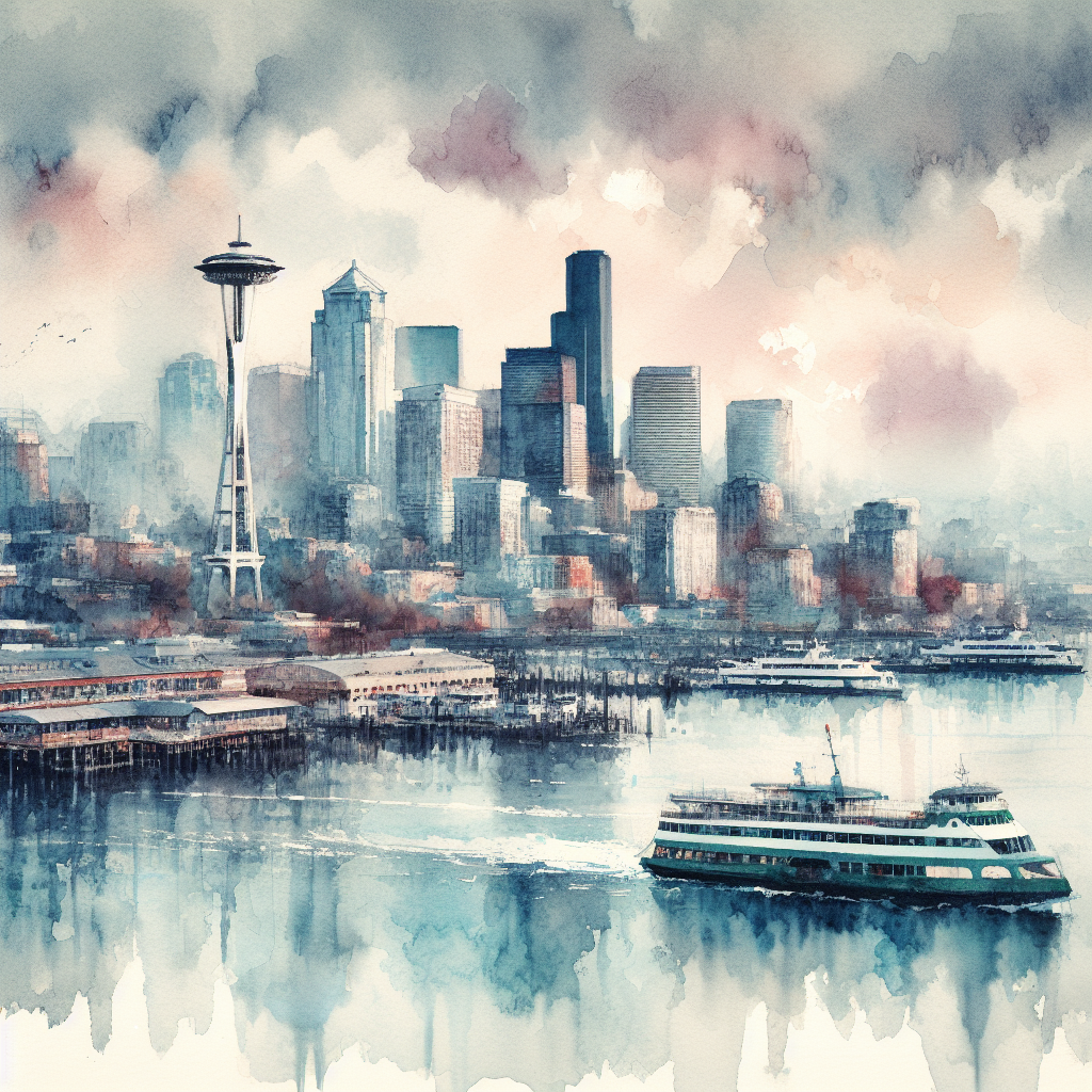 Aquarelschilderij van de skyline van Seattle, met meer details en structuur.