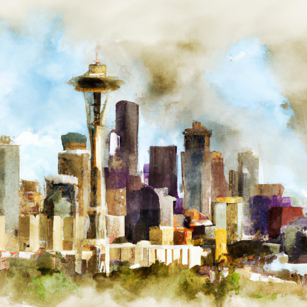 Aquarelschilderij van de skyline van Seattle (eenvoudig).
