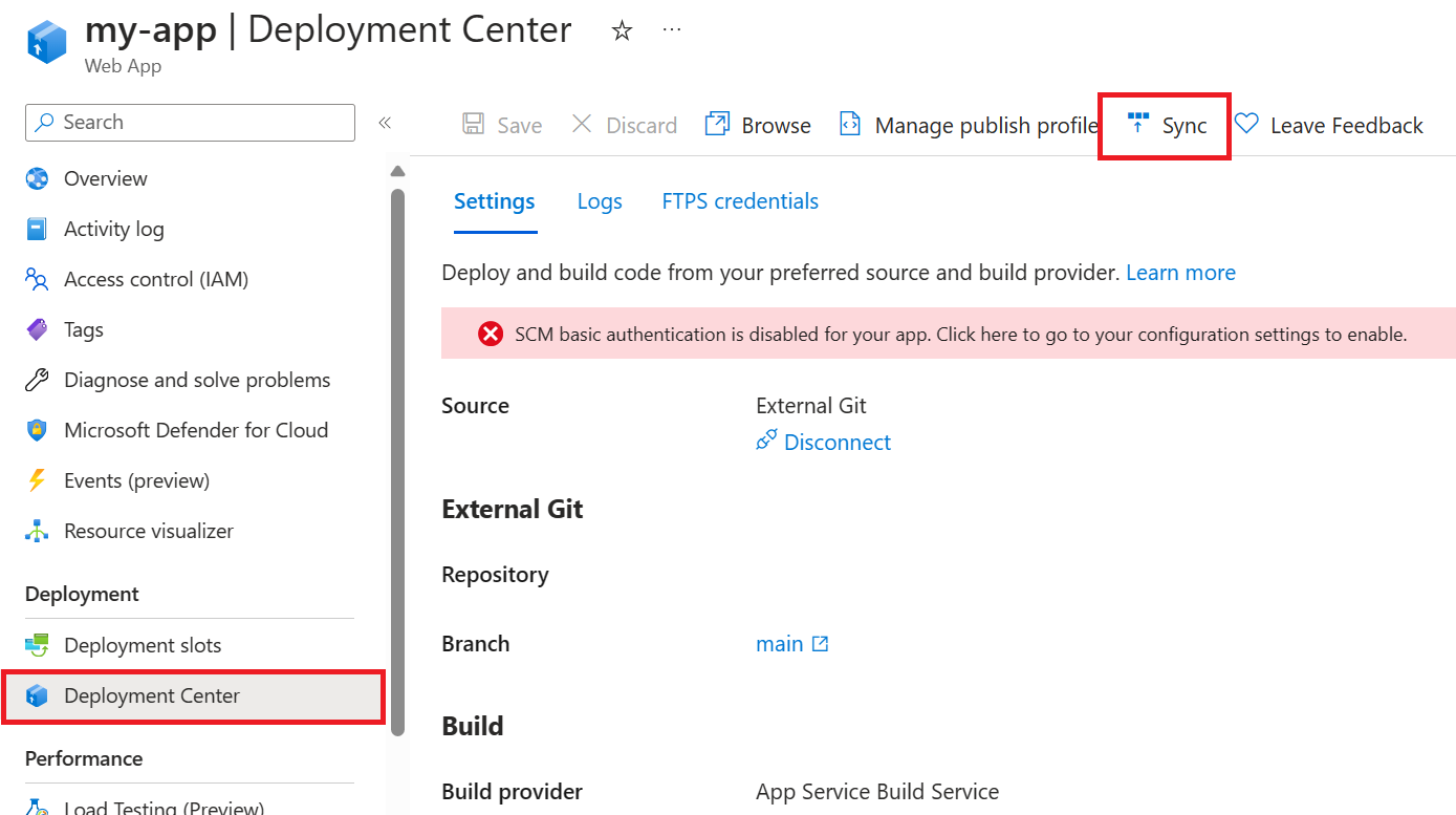 Een schermopname van de knop Synchronisatie van web-apps in Azure Portal.
