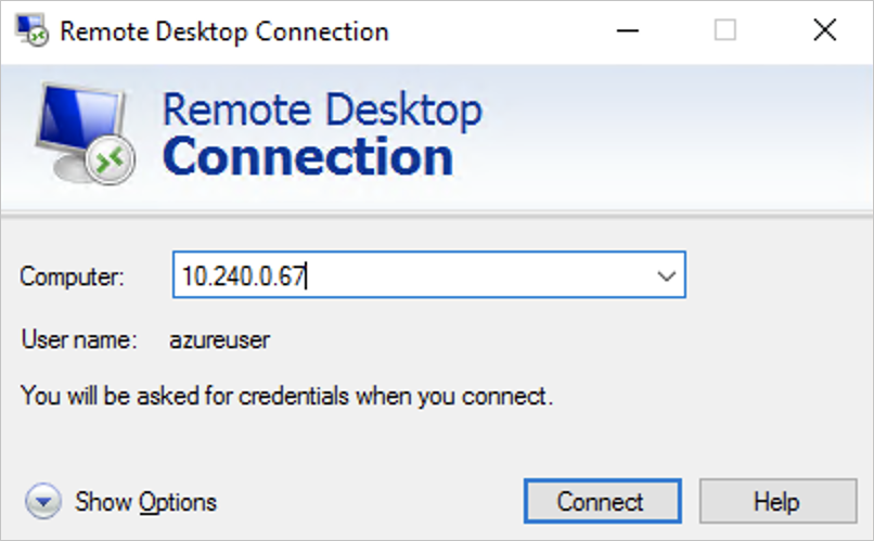 Afbeelding van het maken van verbinding met het Windows Server-knooppunt met behulp van een RDP-client