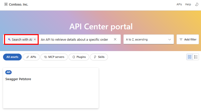 Schermopname van semantische zoekresultaten in de API Center-portal.