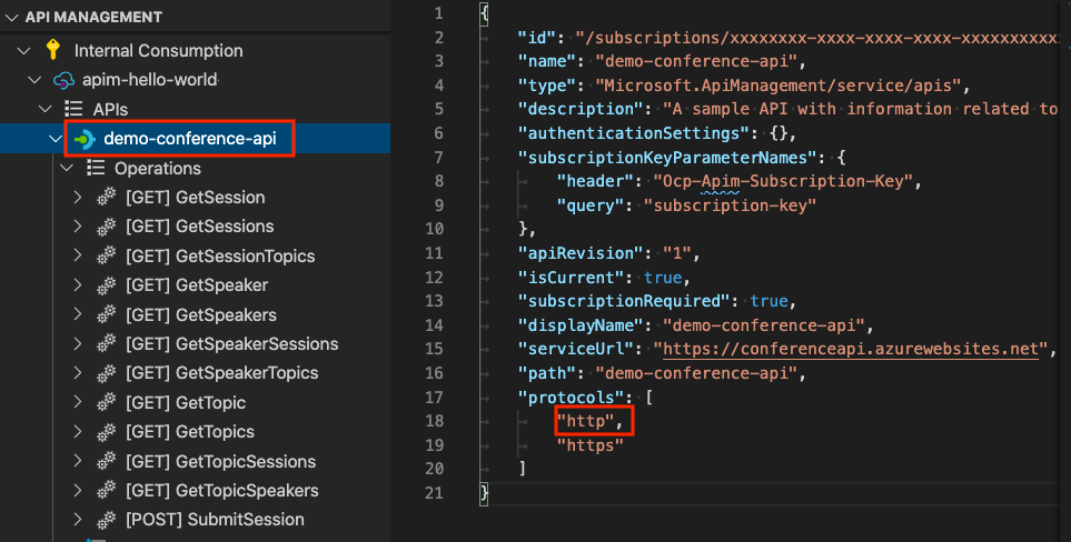 Screenshot of editing JSON description in Visual Studio Code.