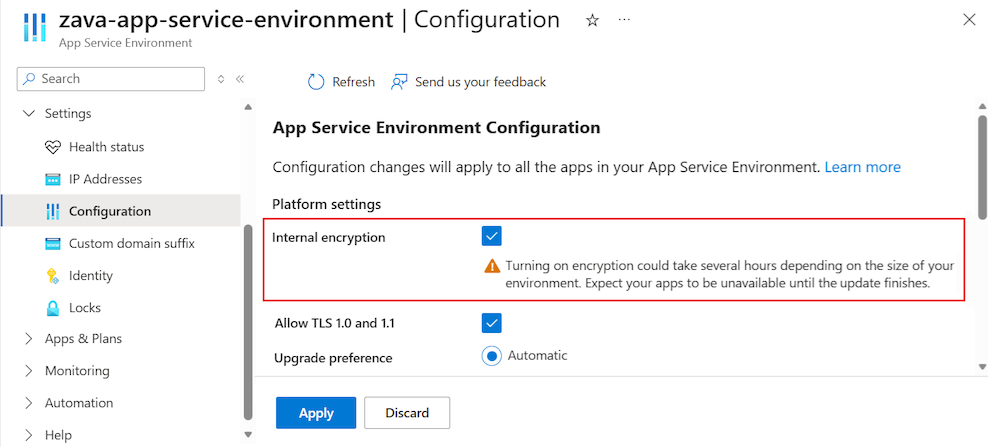 Schermafbeelding waarin wordt getoond hoe u interne versleuteling inschakelt voor de App Service Environment in de Azure portal.