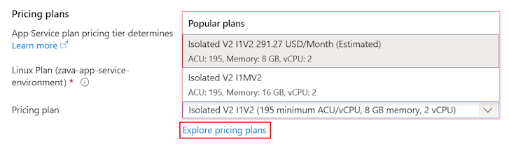 Schermafbeelding waarin wordt getoond hoe u de prijscategorie voor het App Service-plan selecteert in de Azure portal.