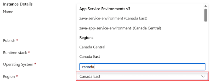 Schermafbeelding waarin wordt getoond hoe u een App Service Environment selecteert als app-regio met een filter voor items die overeenkomen met Canada.