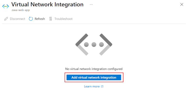Schermopname van het selecteren van de optie Integratie van virtueel netwerk toevoegen in Azure Portal.