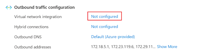 Schermopname van het configureren van integratie van virtuele netwerken voor een app in Azure Portal.