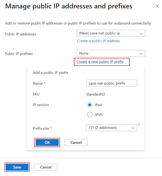Schermopname van het maken van een nieuw openbaar IP-voorvoegsel in Azure Portal.