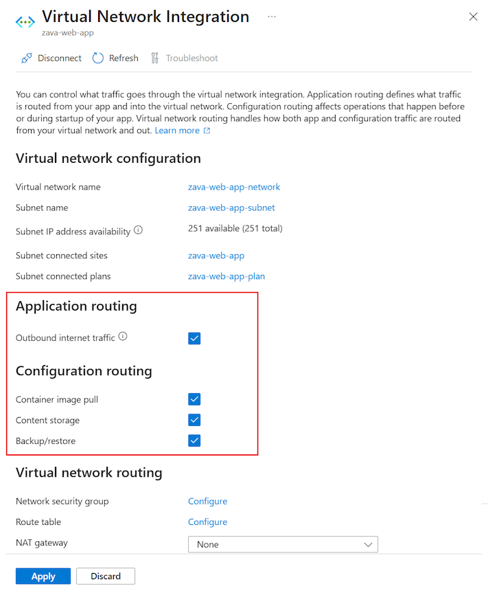 Schermopname die laat zien hoe u ervoor kunt zorgen dat alle verkeersroutes zijn ingeschakeld voor de integratie in Azure Portal.