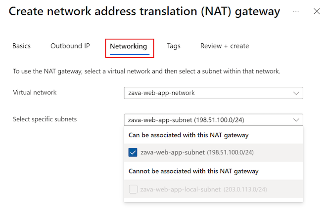 Schermopname van het tabblad Netwerken voor het maken van een NAT-gateway in Azure Portal.