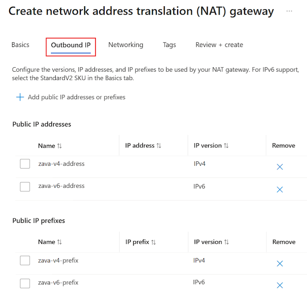 Schermopname van het tabblad Uitgaande IP voor het maken van een NAT-gateway in Azure Portal.