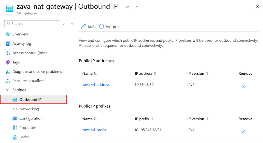 Schermopname van het deelvenster Uitgaand IP-adres voor een NAT-gateway in de Azure portal.