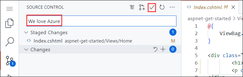 Schermopname van Visual Studio Code in de browser, het deelvenster Broncodebeheer met een doorvoerbericht van 'We love Azure' en de knop Commit en Push gemarkeerd.
