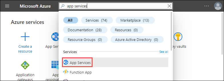 Schermopname van de Azure Portal met 'app services' getypt in het zoektekstvak. In de resultaten is de optie App Services onder Services gemarkeerd.