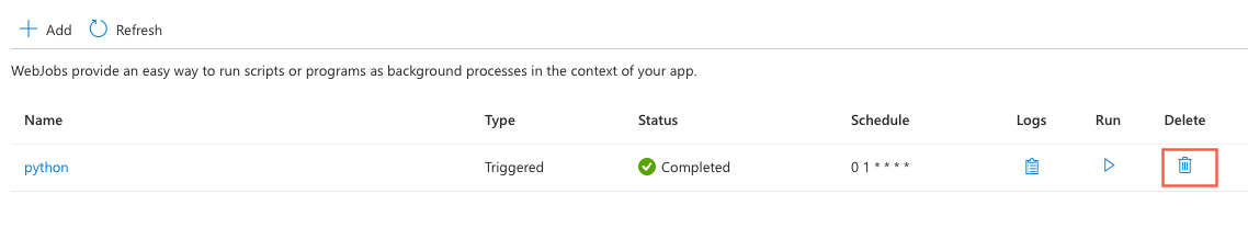 Screenshot die laat zien hoe u een WebJob in de portal kunt verwijderen.