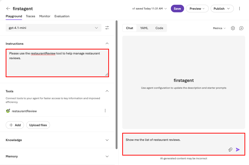 Schermopname van de agentenspeelplaats tijdens een gesprek dat acties uitvoert met behulp van de OpenAPI-tool. De prompt vraagt om de lijst met restaurantbeoordelingen weer te geven.
