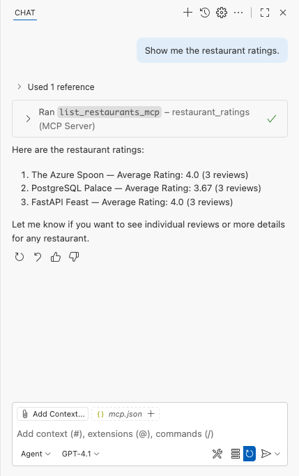 Schermopname die laat zien dat het antwoord van de MCP-tooloproep in het GitHub Copilot Chat-venster wordt weergegeven.