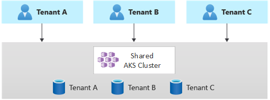 Diagram met drie tenants, elk met behulp van een toegewezen database en één gedeelde Kubernetes-toepassing.