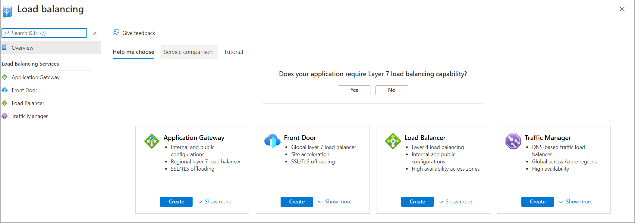 Screenshot that shows choosing an Azure load-balancing solution in the Azure portal.
