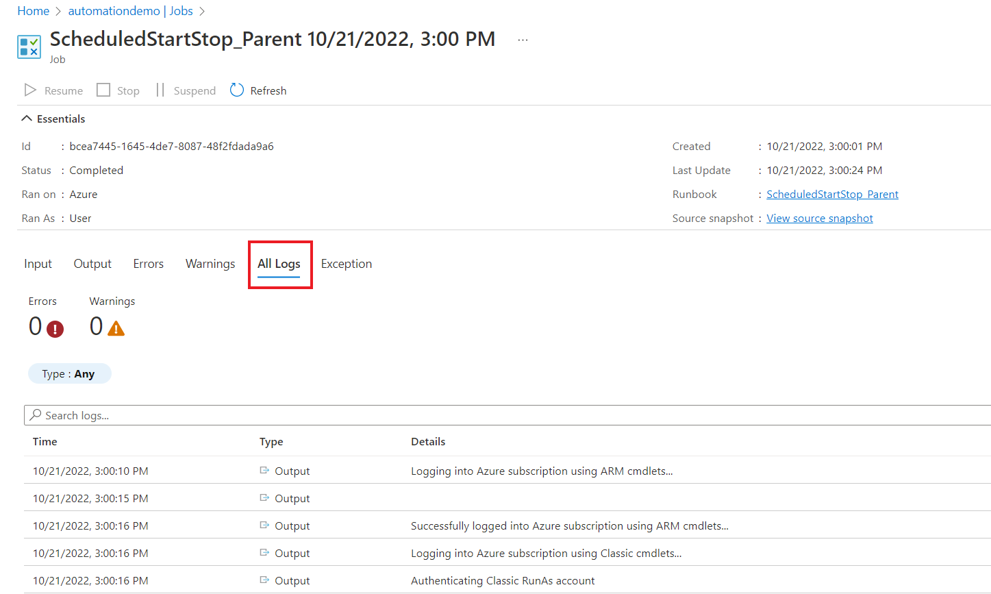Schermopname van gegevens die worden vermeld onder Alle logboeken.