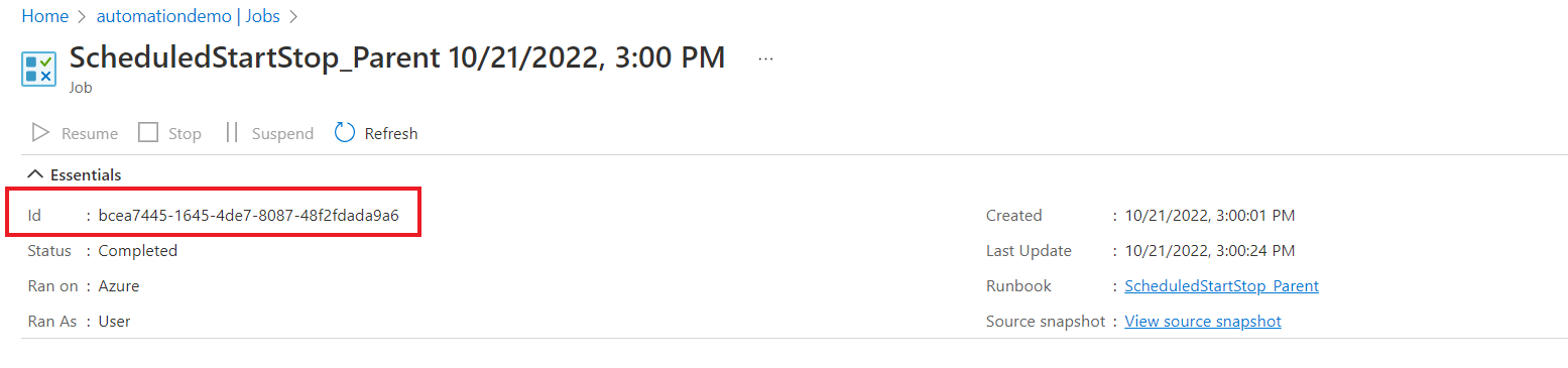 Schermopname van taak-id in het deelvenster Taaksamenvatting.