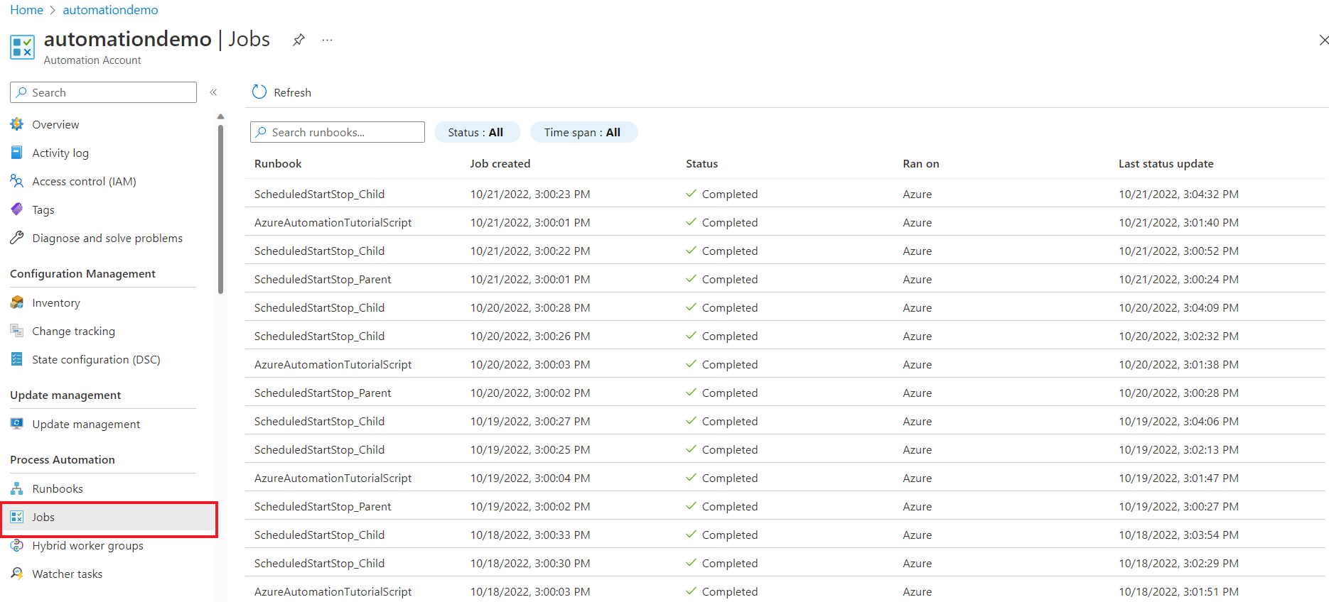 Schermopname van het selecteren van het menu Taken in het Automation-account.