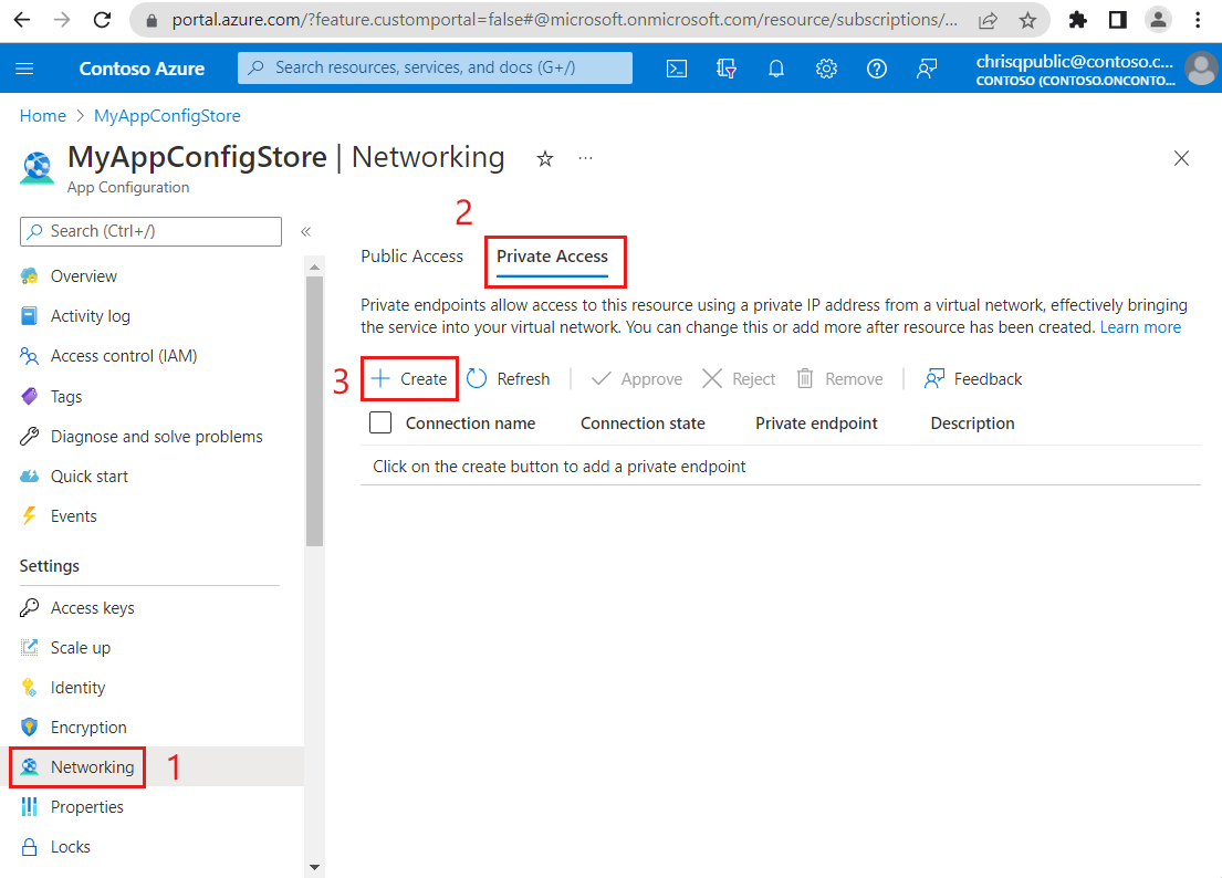 Screenshot of the Azure portal, select create a private endpoint.