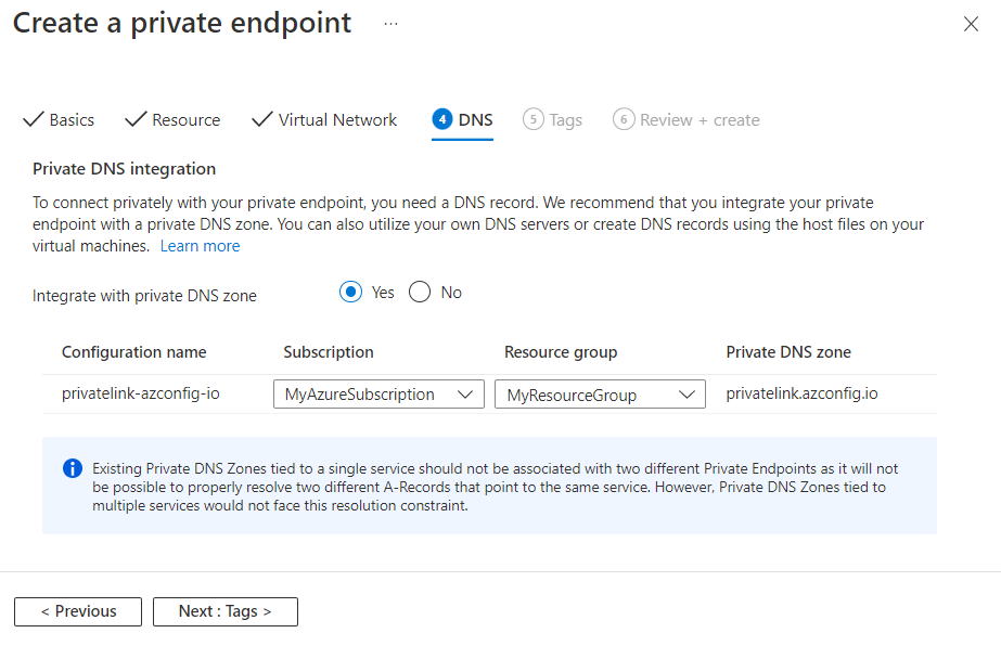 Screenshot of the Azure portal, create a private endpoint, DNS tab.