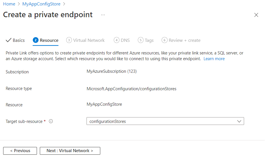 Screenshot of the Azure portal, create a private endpoint, resource tab.