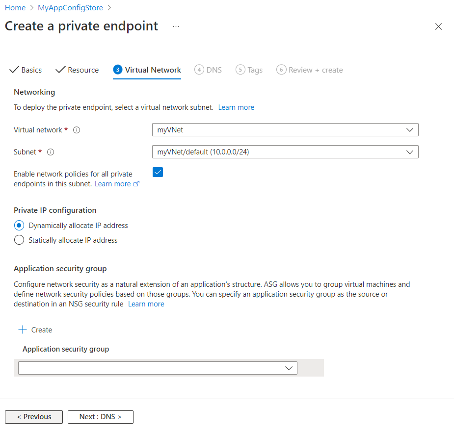 Screenshot of the Azure portal, create a private endpoint, virtual network tab.